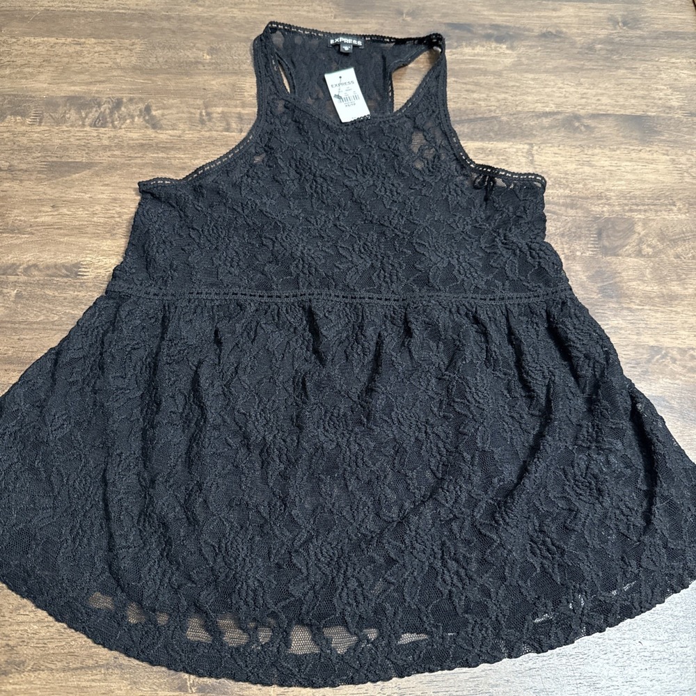 NWT! Express Lace Babydoll Peplum Black Racerback Tank Top Coquette Witchy XS
